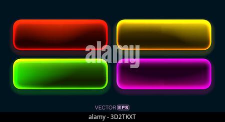 Kollektion Leuchtender Neon-Knöpfe. Set aus vier modernen Designelementen mit leuchtenden Rahmen auf dunklem Hintergrund. Vektorabbildung Stock Vektor