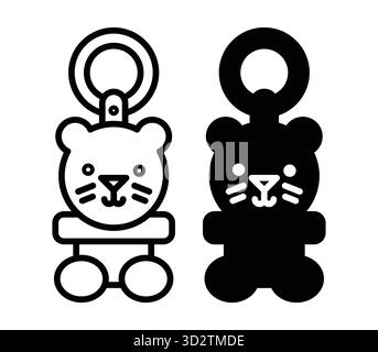 Bezauberndes Löwen-Schlüsselanhänger-Design mit niedlichem Ausdruck in Schwarz und weiß. Perfekt als Accessoire oder Geschenk für Kinder und Tierliebhaber. Stock Vektor