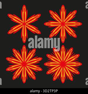 Abstrakte Sternsymbole. Radiale helle Farben. Rot-orangefarbener Vektor. Dunkles Hintergrundmuster. EPS 10. Stock Vektor
