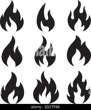 Set mit 9 Feuer Flammen Vektor-Icons: Einfache Schwarz-weiß-Heizelemente Sammlung Stock Vektor