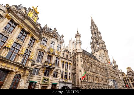 Barocke Gildenhäuser und das Rathaus auf dem Großen Markt von Brüssel, Belgien - isoliert auf weißem Hintergrund Stockfoto