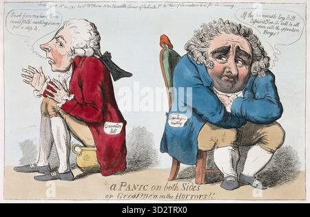 Gravur aus der georgianischen Ära des 18. Jahrhunderts von Isaac Cruikshank, Eine Panik auf beiden Seiten oder große Männer in den Horrors, 1795 Vintage antike Druckkunst handfarbene Gravur, politische Satire Themen William Pitt und Charles James Fox. Eine satirische Darstellung der Reaktion der britischen Regierung auf die Französische Revolution Stockfoto