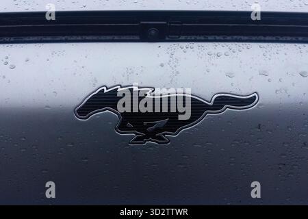 Vaasa, Finnland - 24. Oktober 2025 - Ford Mustang Mach-E 2021 Logo auf der Vorderseite Stockfoto