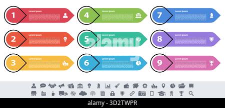 Infografik design Business Konzept Vector Illustration mit 9 Schritte und Optionen oder Prozesse, Arbeitsabläufe oder Diagramm oder Web button Banner dar Stock Vektor