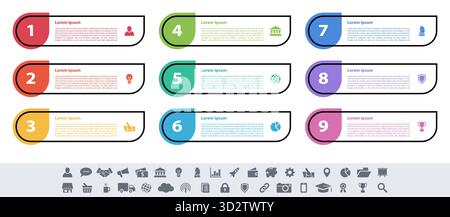 Infografik design Business Konzept Vector Illustration mit 9 Schritte und Optionen oder Prozesse, Arbeitsabläufe oder Diagramm oder Web button Banner dar Stock Vektor