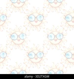 Hintergrundtapete mit nahtlosem Muster und fröhlichen Sonnen mit Sonnenbrille, die Sommeratmosphäre, Strandferien und festliche Anlässe in A feiert Stock Vektor