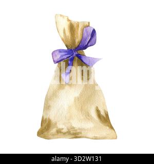 Stoffbeutel mit lila Schleife, trockener Lavendelkraut Beutel Aquarellillustration. Handgezeichneter Hausduft Sack mit aromatischen lila Blüten für s Stockfoto