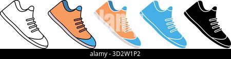 Laufschuhsymbole in verschiedenen Linien, Glyphen und farbenfrohen Styles. Vektorabbildung Stock Vektor