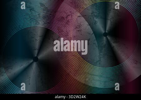 Abstrakte bunte lineare Kreise auf dunklem Grunge-Hintergrund. Concept glänzendes Metallic-Design. Futuristisches Retro-Vektor-Design Stock Vektor