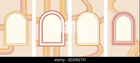 Bogenrahmen-Set mit Muschelrahmen. Wellige Kanten kritzeln Vorlagen. Kurvenbogen begrenzt den Hintergrund. Poster-Einladung leer mit Türportalelementen und wackeligem Regenbogenmuster Stock Vektor