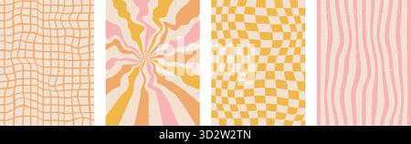 Groovige Regenbogenlinien, Schachbrettgrafik-Hintergründe. Die Kollektion ist mit gewelltem Swirl-Starburst und Streifen in Vintage-Farben bedeckt. Vektor Retro beige Wigl Stock Vektor