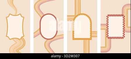 Set aus ovalen, gewölbten, rechteckigen Muschelrahmen. Wellige Kanten kritzeln Vorlagen. Kurvenbogen begrenzt den Hintergrund. Poster-Einladung leer mit Türportalelementen Stock Vektor