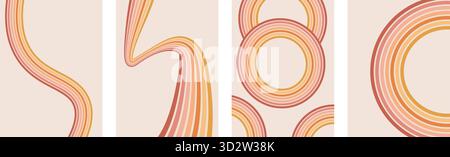Groovige Regenbogenlinien und -Kreise im Hintergrund. Hüllen in Vintage-Farben mit gewellten Streifen. Verspielte Wandmotive mit Wellenbogen. Vektor Retro Beige Wackeldekoration Stock Vektor