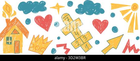 Kids Elements Zeichensatz mit Buntstift. Haus, Hopscotch, Sonne und abstrakte Kritzelformen auf weißem Hintergrund. Kindergartennaive Figuren. Vektorkindisch scri Stock Vektor