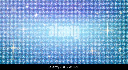 Abstrakte Mode Pailletten Pixel quadratisches Mosaikmuster Hintergrund. Blaue Spiegelstruktur und Pailletten glänzen. Cooler Neon-glitzernder Hintergrund mit Licht Stock Vektor