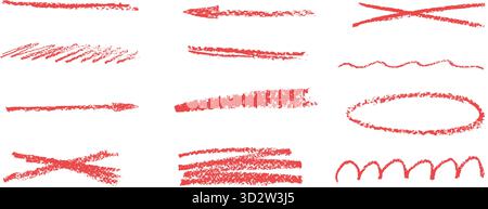 Rot unterstrichener Buntstift. Durchgestrichene Linien mit Bleistiftpinsel. Handgezeichnete, strukturierte Freihand-Elemente mit Schwerpunkt. Kreidepfeil, Scribble Stock Vektor