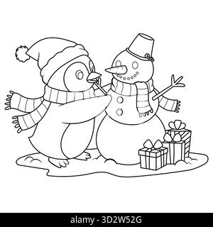 Niedliche Pinguine machen Schneemann Weihnachten Malseite für Kinder Stock Vektor