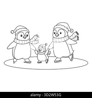 Pinguin Family Ice Skating Winter Malpage für Kinder Stock Vektor