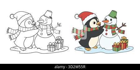 Niedliche Pinguine machen Schneemann Weihnachten Malseite für Kinder Stock Vektor