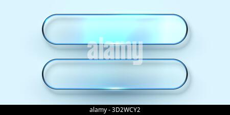 Moderne Glasknöpfe auf weichem blauem Hintergrund, UI-Designelemente. Saubere, glänzende und minimalistische Schnittstellenkomponenten. Vektorabbildung. Stock Vektor