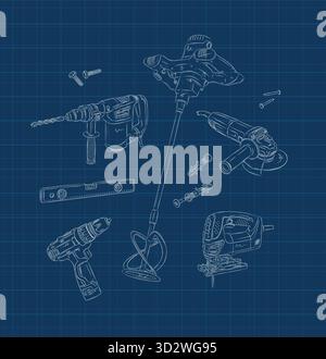 Kraftbau- und Reparaturwerkzeuge Satz Hammerbohrer, Mörtelmischer, Winkelschleifer, Gebäudeebene, Bohrer, Puzzle-Zeichnung im Grafikstil auf blauer Rückseite Stock Vektor