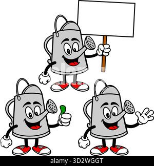 Gießkanne Mascot Set 01, handgezeichnete Illustrationen von Gießkanne Maskottchen in verschiedenen Posen. Stock Vektor