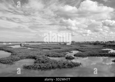 Schwarzweißbild der Salzwiesen am River Crouch bei Brandy Hole, Hullbridge, Essex, England, Vereinigtes Königreich Stockfoto