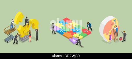 Isometrische 3D-Illustration von Teamwork, Partnerschaft zum Erreichen des Teamerfolgs Stockfoto