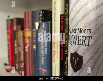 Berlin, Deutschland. November 2025. „Qwert“, der neue Roman des Autors Walter Moers, steht neben anderen seiner Werke auf einem Regal. Quelle: Alina Schmidt/dpa/Alamy Live News Stockfoto