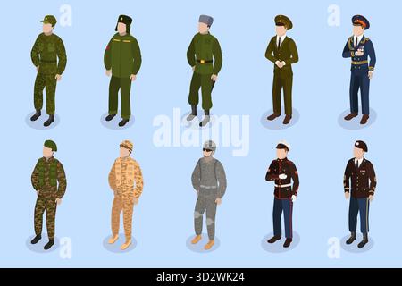 3D Isometrischer flacher Satz von Militärpersonen, Charaktere in Uniform 3D Isometrischer flacher Satz von Militärpersonen, Charaktere in Uniform Stockfoto