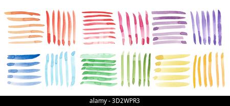 Wasserfarben-Regenbogenquadrate, die mit Pinselkonturen erstellt wurden. Handgemalte Pinsellinien bilden einen abstrakten quadratischen Rasterhintergrund. Kreativer Regenbogen Stockfoto