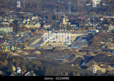 Luftaufnahme, Baustelle und Abriss eines Gebäudes auf dem ehemaligen Opel-Gelände, Landkreis Laer, Bochum, Ruhrgebiet, Nordrhein-Westfalen, Ge Stockfoto
