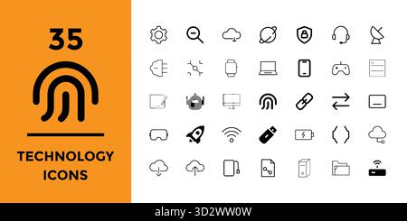 Sammlung moderner Technologie-Ikonen in schlichtem Schwarz-weiß-Design Stock Vektor