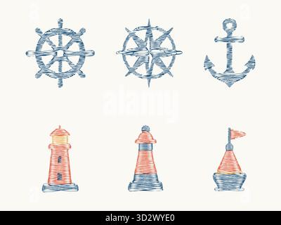 Eine kleine Tafel zeigt Schiffsräder, Anker und drei Leuchtturmsilhouetten im maritimen Stil Stock Vektor