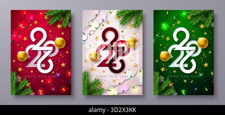 2026 Glückwunsch zum neuen Jahr Clipart Set Design mit ausgeschnittener Typografie Nummer, goldener Weihnachtsball und heller Girlande auf Rot, weiß und Grün Stock Vektor