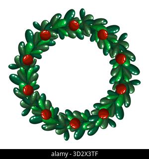 Bezaubernder Weihnachtskranz aus üppigen, glänzenden Kiefernzweigen und leuchtenden roten Beeren. Perfekt für festliche Karten, Einladungen, Poster, Banner, Stock Vektor