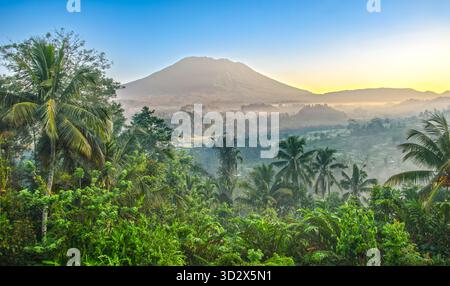Typisch grüne balinesische Landschaft mit dem Vulkan Mt.Agung im Hintergrund Stockfoto