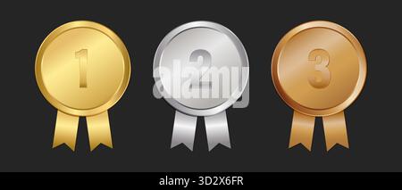 Gold Silber und Bronze Medaille für den ersten, zweiten und dritten Platz 3D-Symbol auf schwarzem Hintergrund, realistisches Metallknopf-Design, Qualitätsabzeichen Stock Vektor