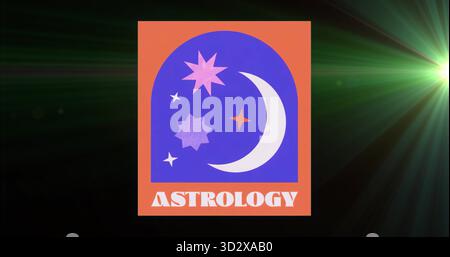 Mit orangefarbenem Astrologiequadrat auf Folie mit Mondsichel, Pastellsternen und ASTROLOGIETEXT Stockfoto