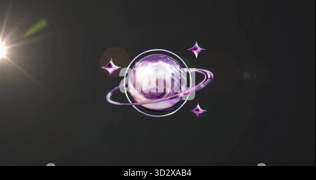 Ein lila-weißer Planet, der sich im Weltraum dreht, mit violettem Ring, violettem Funkeln und Linsentreffern. Astronomie, himmlisch, Fantasy, surreal, kosmisch, Leerraum Stockfoto