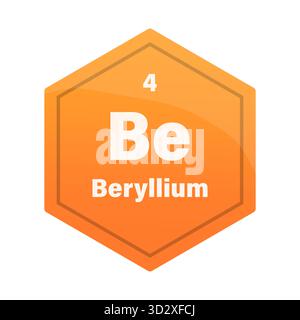 Berylliumfliese mit chemischen Elementen. Atomzahl vier. Vektorsymbol mit Zeichen versehen. Orangefarbener gelber Gradient-Sechskant. EPS 10. Stock Vektor