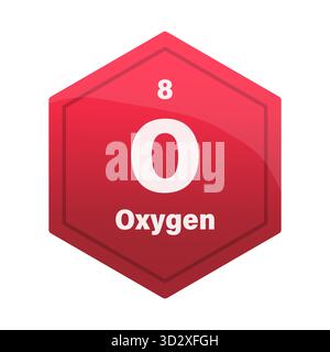 Fliese mit chemischen Sauerstoffelementen. Atomzahl 8. O chemisches Zeichen. Hellroter Vektor-Sechskant. EPS 10. Stock Vektor