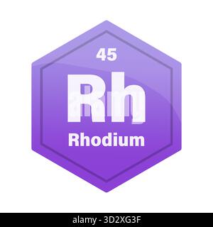 Rhodium-chemische Elementfliese. Atomzahl 45. Chemisches Schild rechts. Tiefviolettes Vektor-Sechskant. EPS 10. Stock Vektor