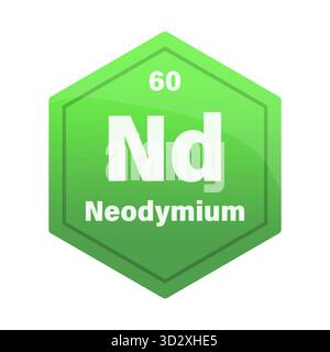 Neodym-chemische Elementfliese. Atomzahl sechzig. Symbol ND-Zeichen Vektor. Hellgrüner Gradient-Sechskant. EPS 10. Stock Vektor