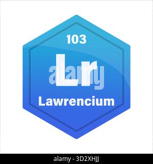 Chemikalienfliese von Lawrencium. Atomzahl 103. LR-Chemikalienzeichen. Tiefblauer Vektor-Sechskant. EPS 10. Stock Vektor