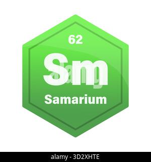 Samarium chemische Elementfliese. Atomzahl 62. SM-Zeichen für Chemikalien. Hellgrüner Vektor-Sechskant. EPS 10. Stock Vektor