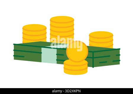 Geldstapel für Münzen und Banknoten; Konzept der Finanzierung, Ersparnisse, Vermögen, Investitionen, und Banking-Vektor-Illustration Stock Vektor