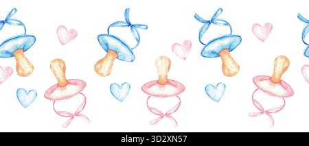 Bezaubernde nahtlose Borte mit Babymotiv und farbenfrohen Schnullern und Herzen für die Einrichtung im Kinderzimmer. Für Babyduschen, Gender-Enthüllungs-Party, Taufe, Junge oder Mädchen Stockfoto