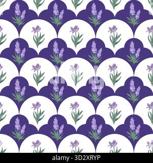 Nahtloses florales Vektormuster mit Lavendel- und Irisblüten in abwechselnden violetten und weißen geometrischen Hintergründen, perfekt für Textilien, Wallpa Stock Vektor