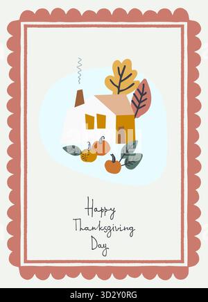 An Thanksgiving Day handbeschriftete Grußworte mit Landhaus, Kürbissen und Blättern in einem Rahmen im modernen Folk-Stil Stock Vektor